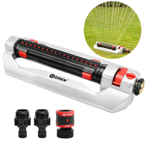 Eden Turbo Oscillating Sprinkler demonstrates 4000 sq ft coverage capacity in a yard.
