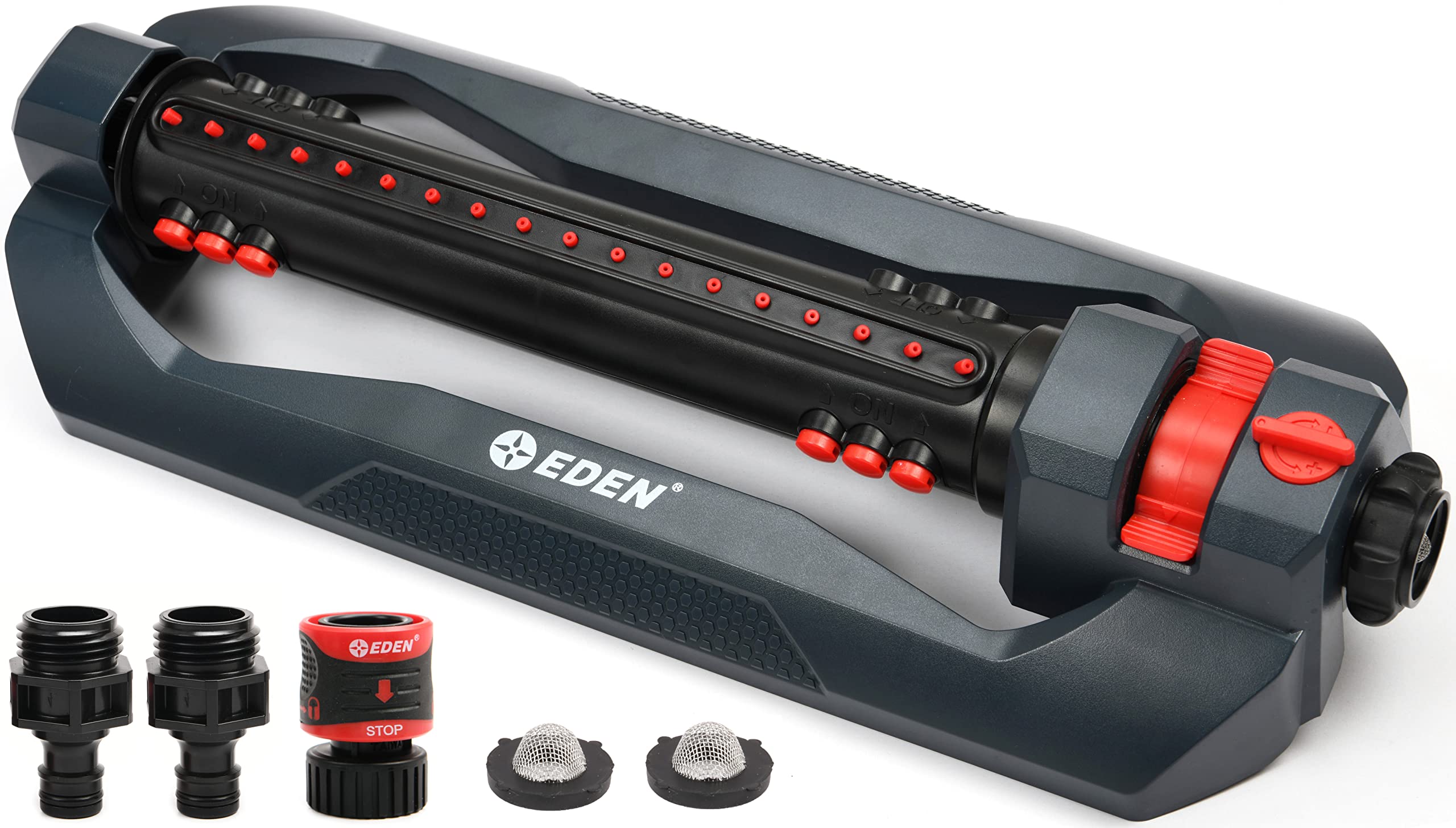 Eden Turbo Oscillating Sprinkler base provides stable, even lawn coverage.