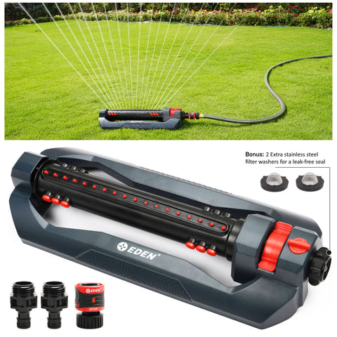 Eden Turbo Oscillating Sprinkler highlights 18-nozzle array for broad watering.