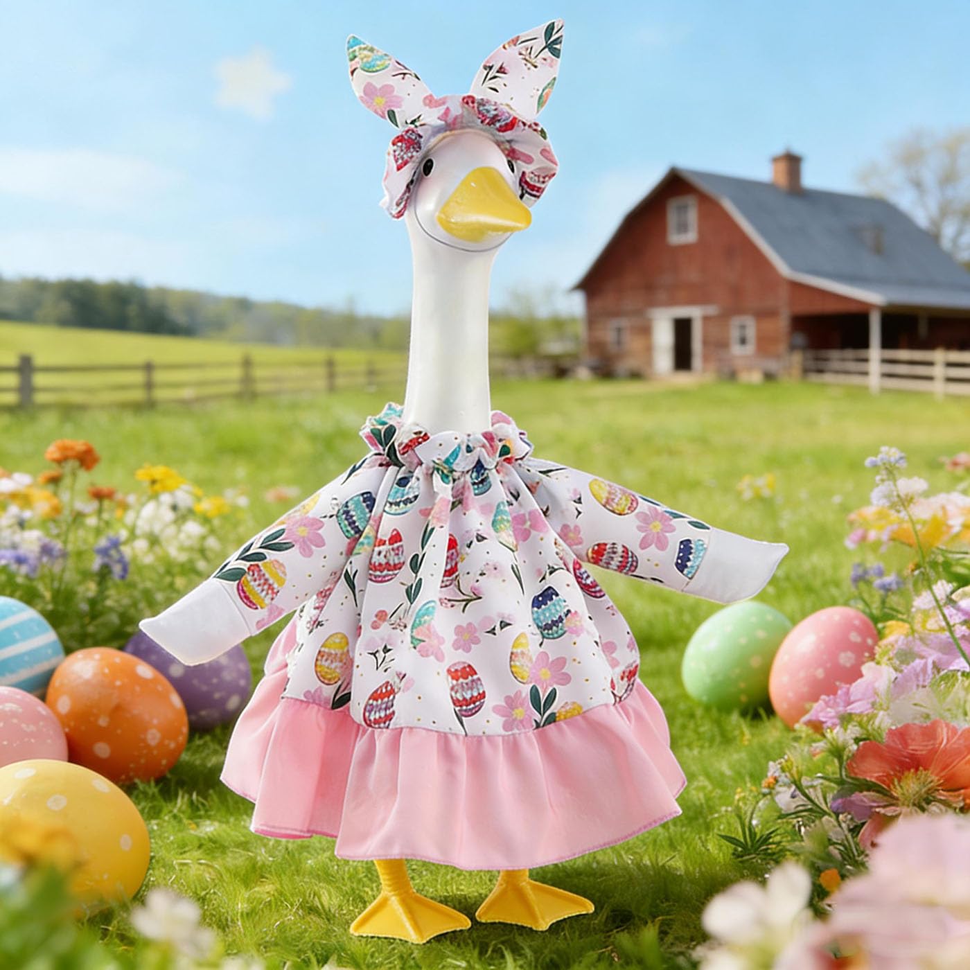 EdenShine bunny hat on porch goose adds playful Easter charm to your garden.