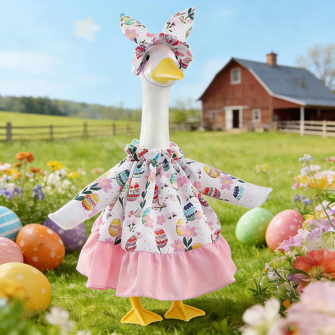 EdenShine bunny hat on porch goose adds playful Easter charm to your garden.