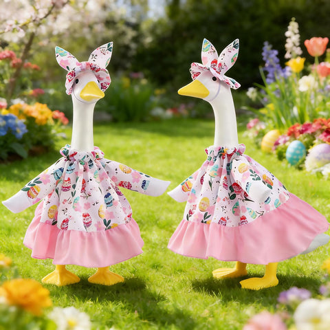 EdenShine floral skirt detail enhances spring curb appeal on lawn geese.