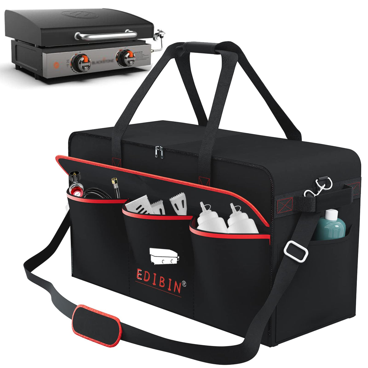 EDIBIN 22-inch griddle carry bag showing perfect fit for hooded Blackstone griddles
