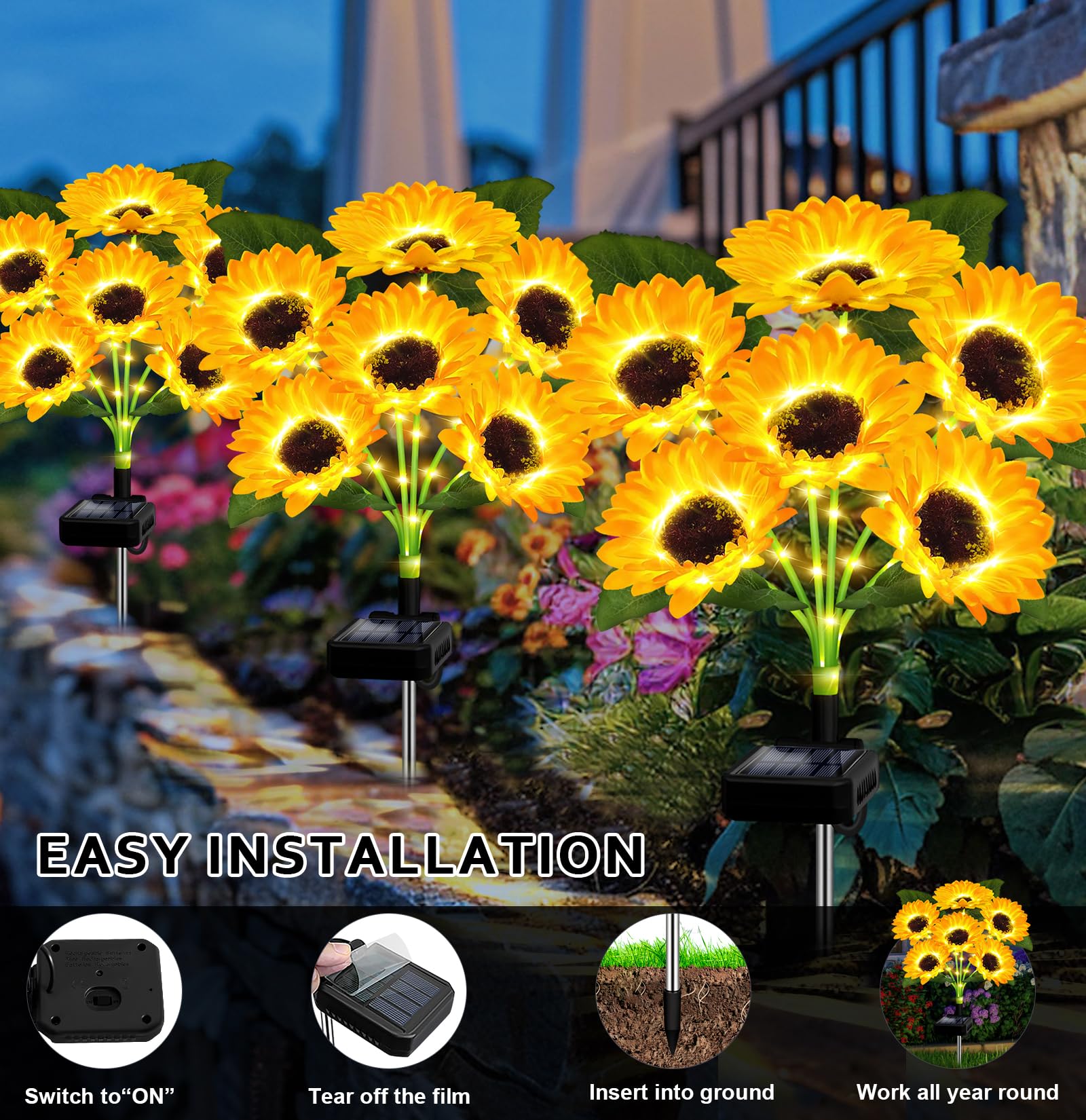 Efficient solar panel delivers extended nighttime glow.