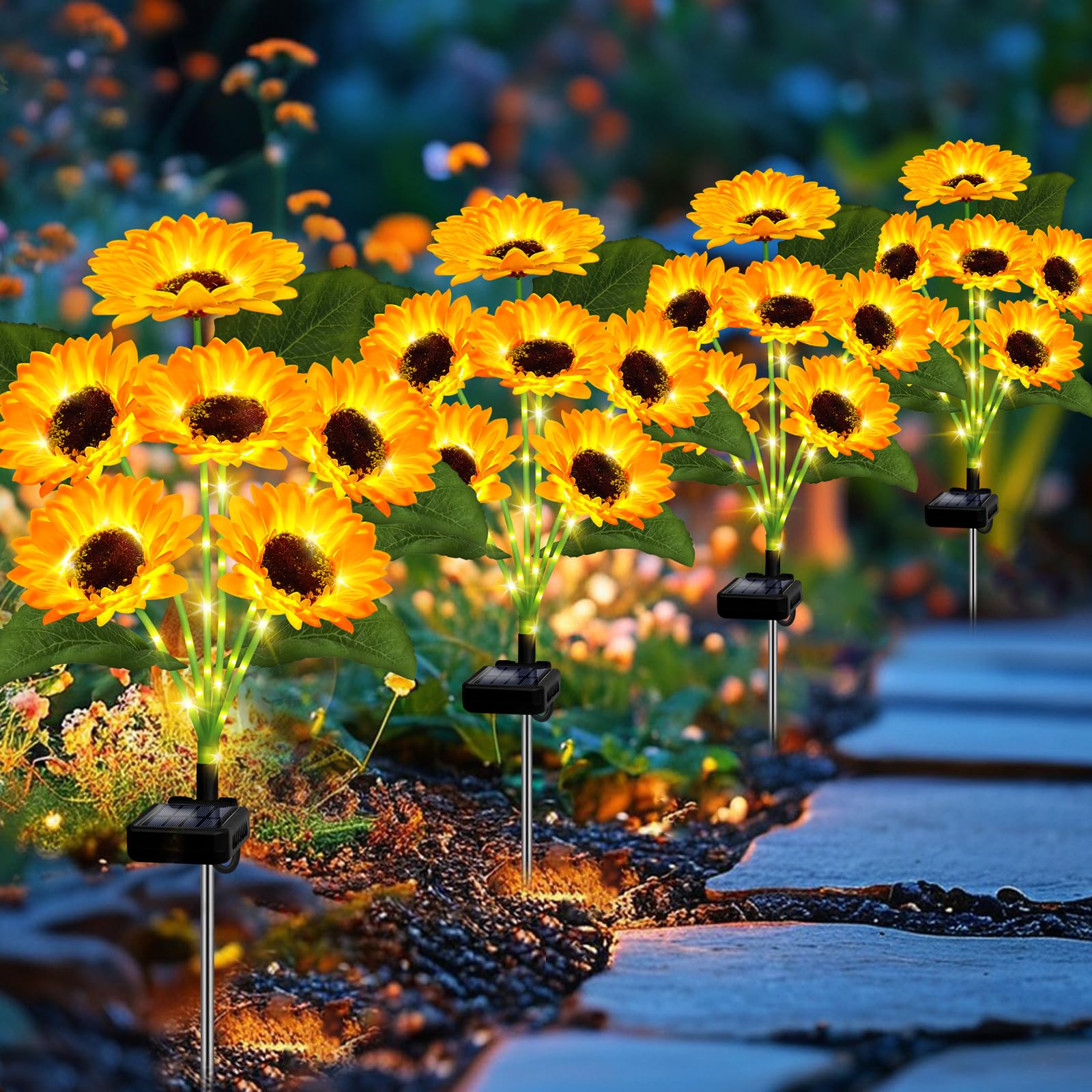 EDOF solar garden stakes at night showcase vibrant sunflowers along pathways.