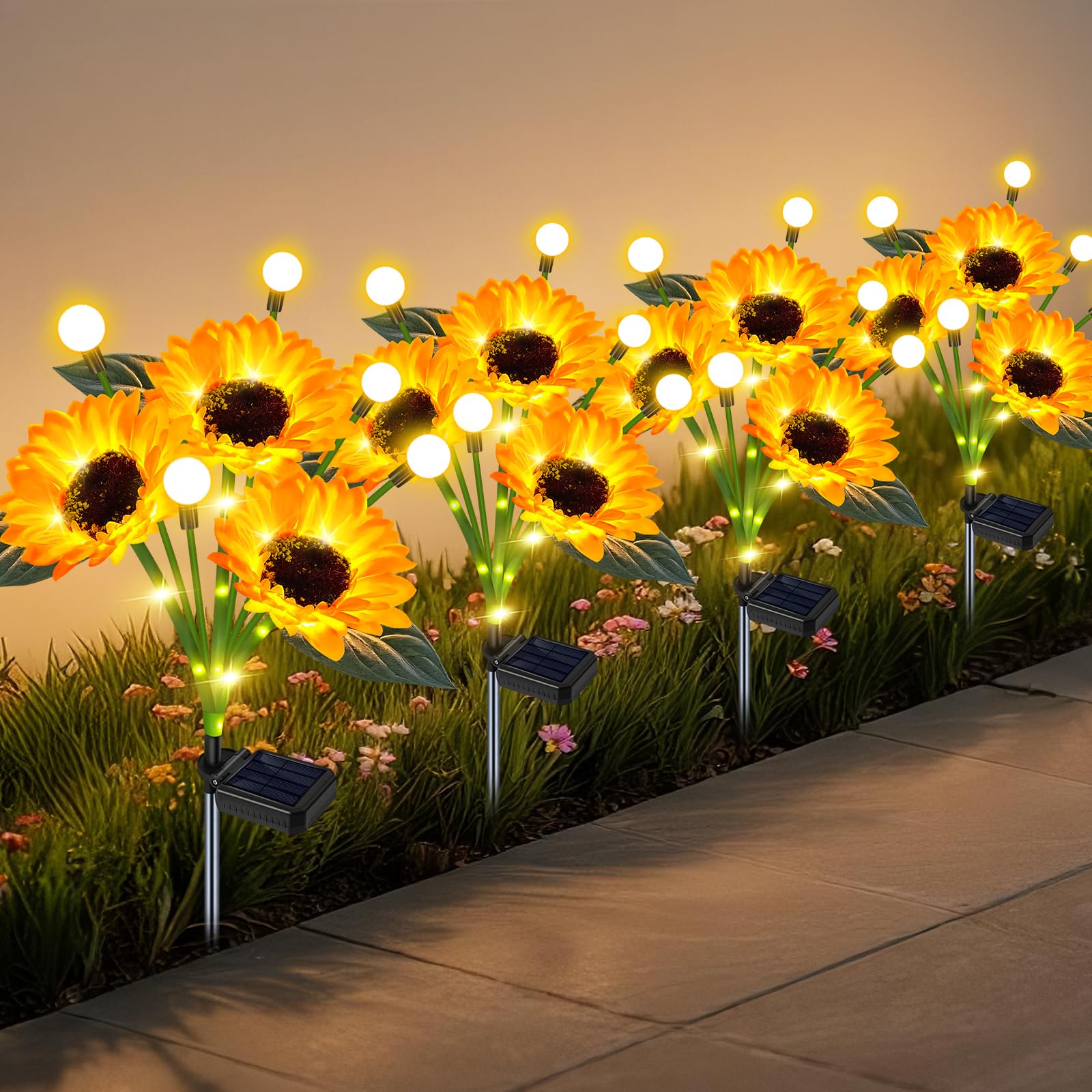 EDOF solar sunflower firefly lights glow softly to create magical garden ambiance.