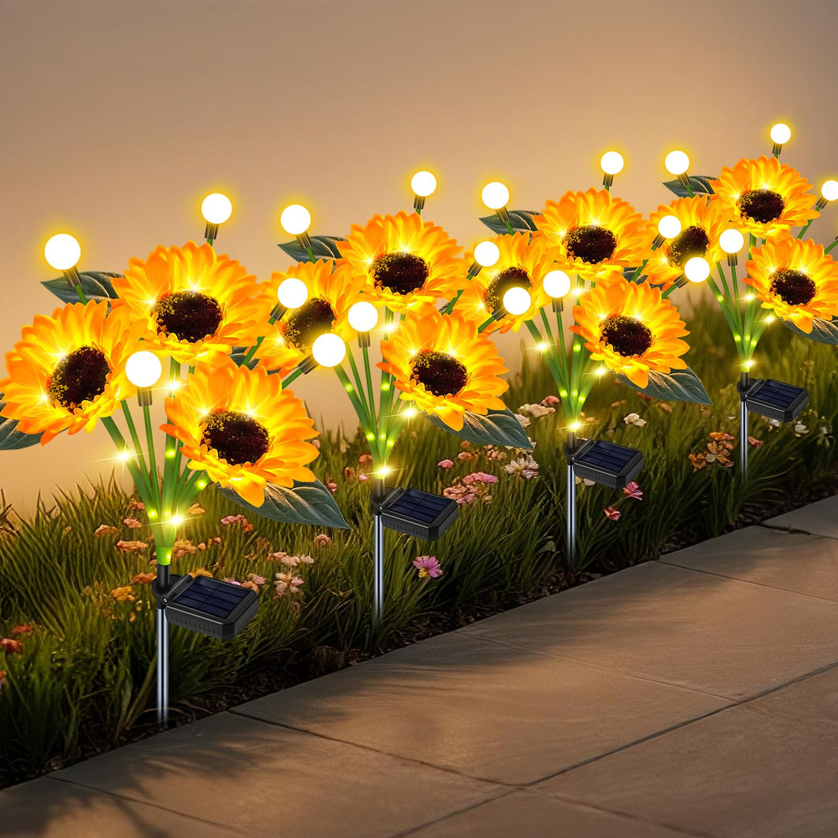 EDOF solar sunflower firefly lights glow softly to create magical garden ambiance.