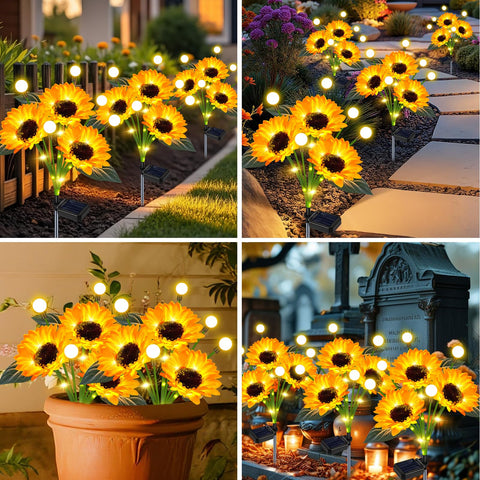 EDOF solar sunflower garden lights with upgraded panel for longer evenings.