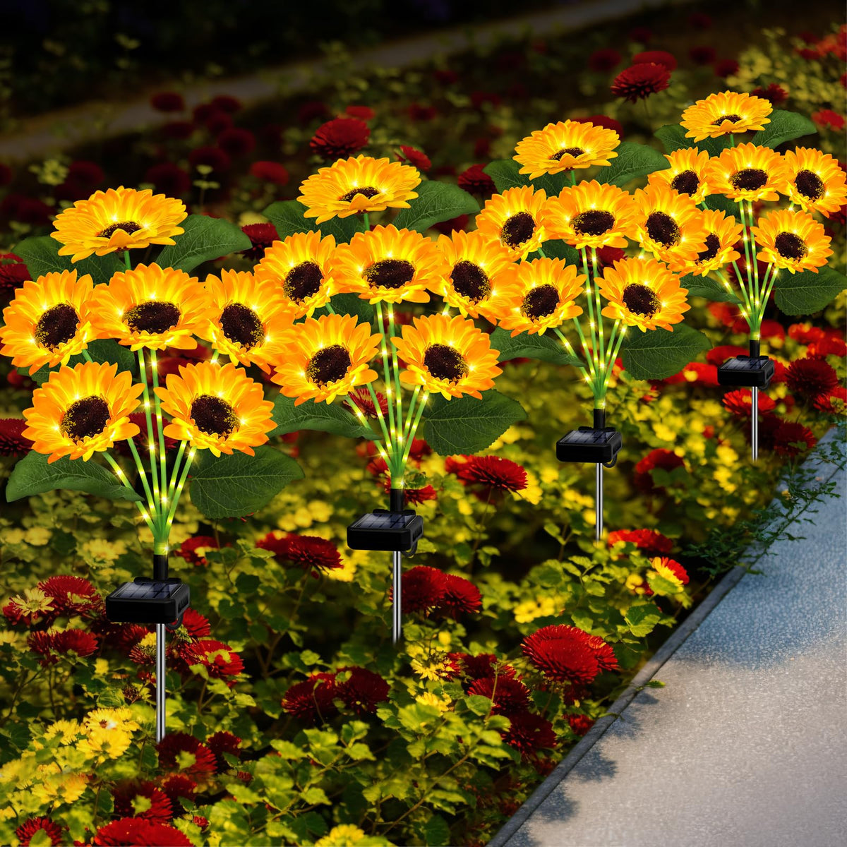 EDOF sunflower lights 24-pack illuminate garden borders with a warm, solar-powered glow.