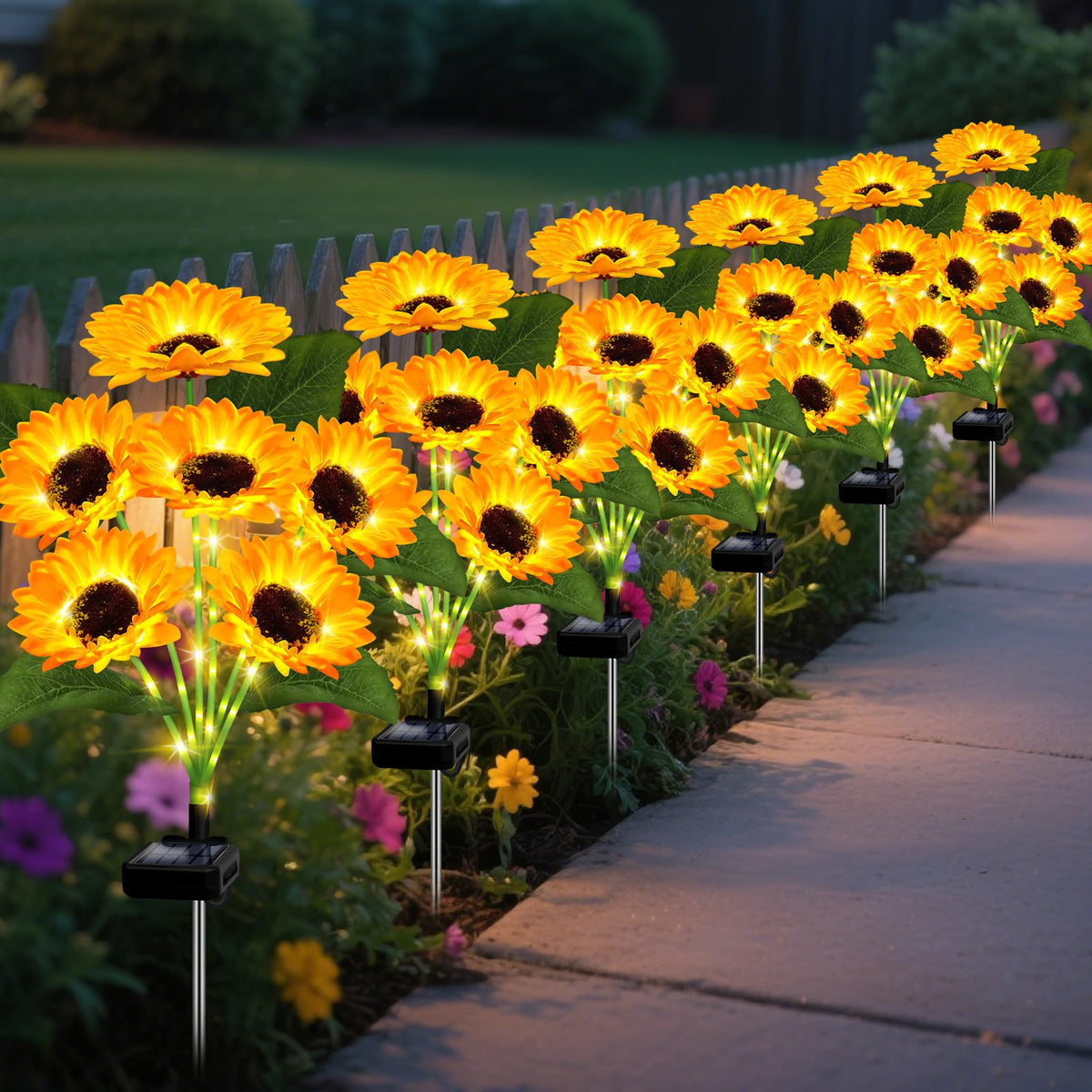 EDOF sunflower lights 6-pack glows along garden path, creating inviting evening ambiance.