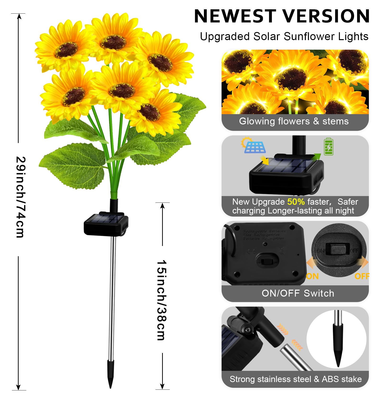 EDOF sunflower lights 6-pack ground stakes install quickly in soil.