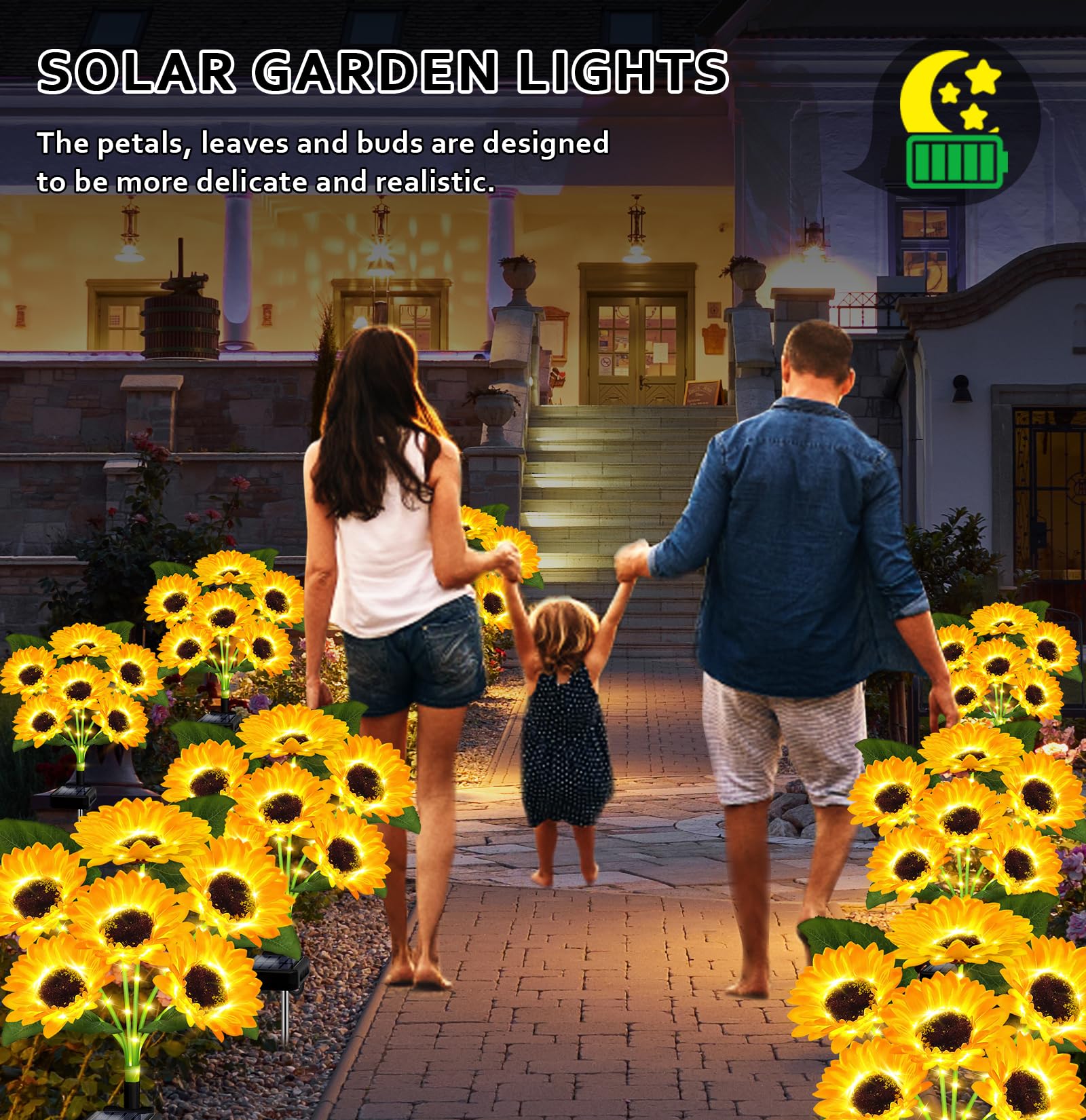 EDOF sunflower lights 6-pack petal detail highlights lifelike yard accents.