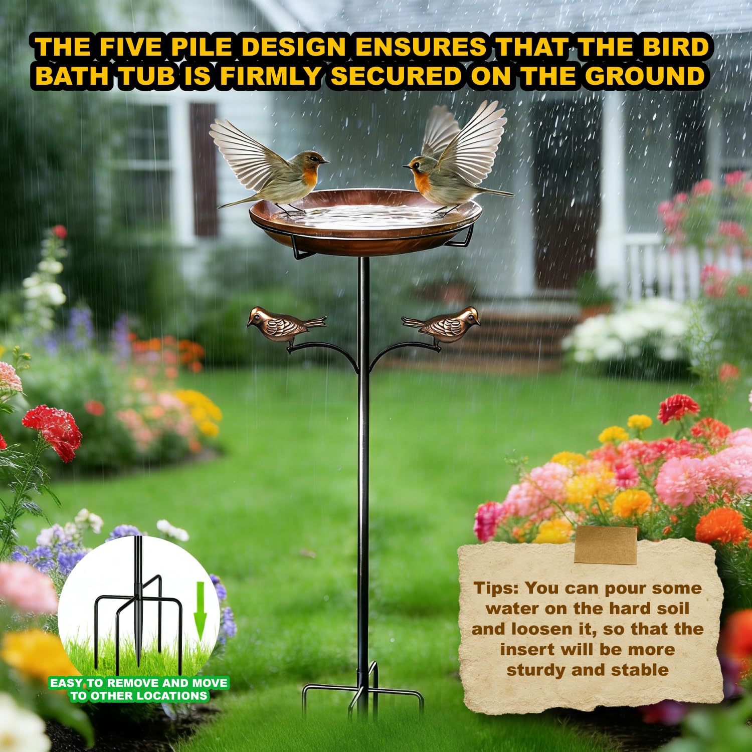 Edrifyah bird bath five-prong base anchors securely for windy days