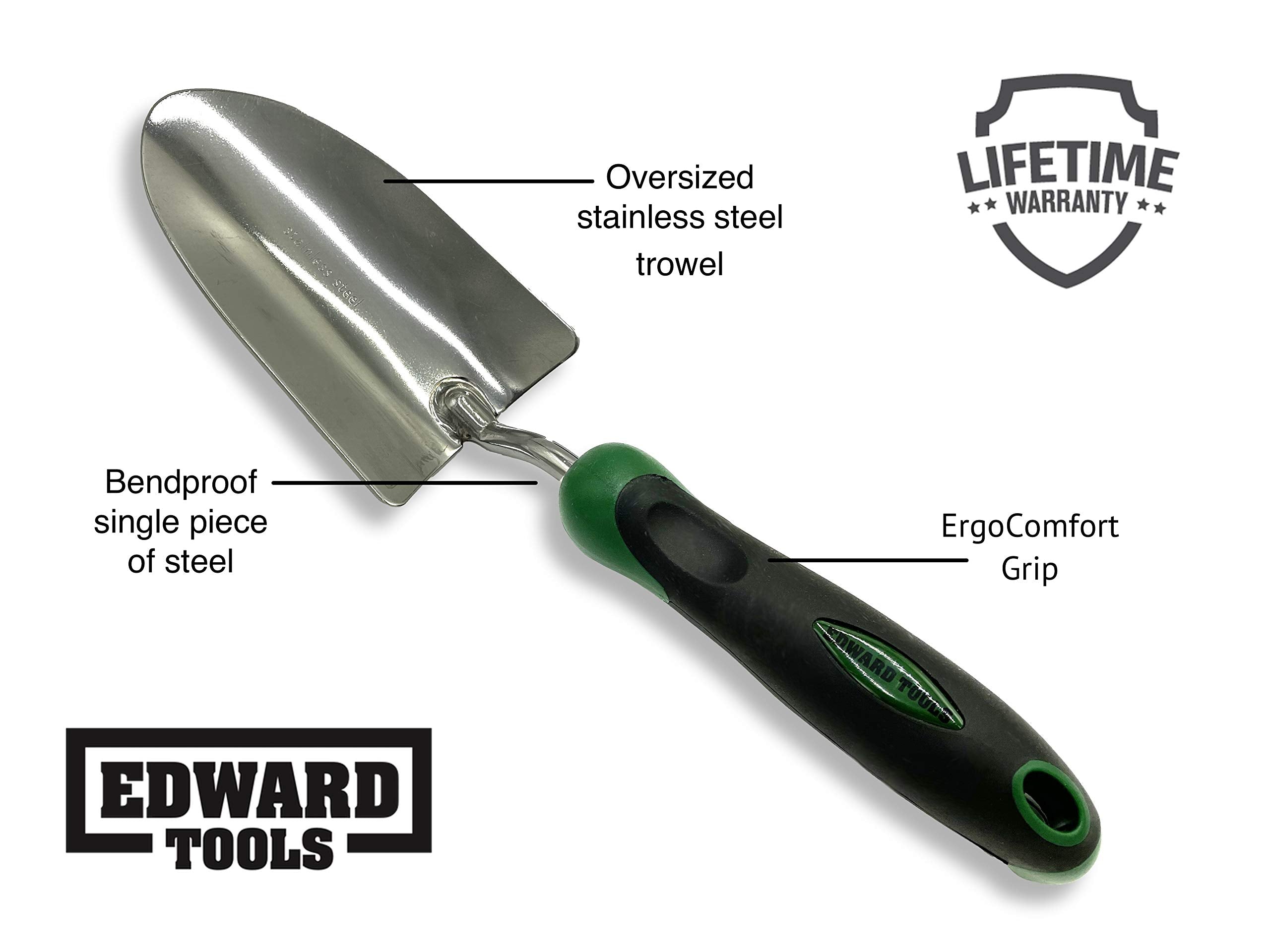 Edward Tools Bend-Proof Garden Trowel close-up of one-piece stainless steel.