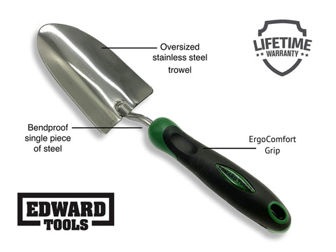 Edward Tools Bend-Proof Garden Trowel close-up of one-piece stainless steel.