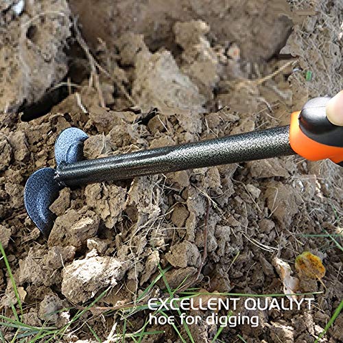 Edward Tools hand hoe weeding action in a garden bed for precise weed removal