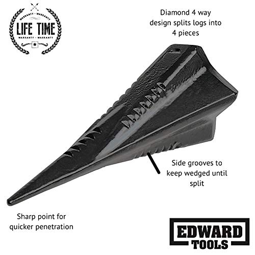 Edward Tools diamond wedge four-piece split showing efficient firewood sizing