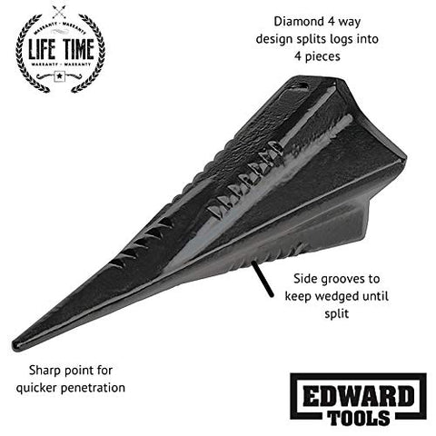 Edward Tools diamond wedge four-piece split showing efficient firewood sizing