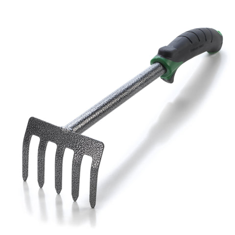 Edward Tools Hand Cultivator Mini Rake with ErgoGrip bend-proof carbon steel design for easier soil loosening and weed removal.