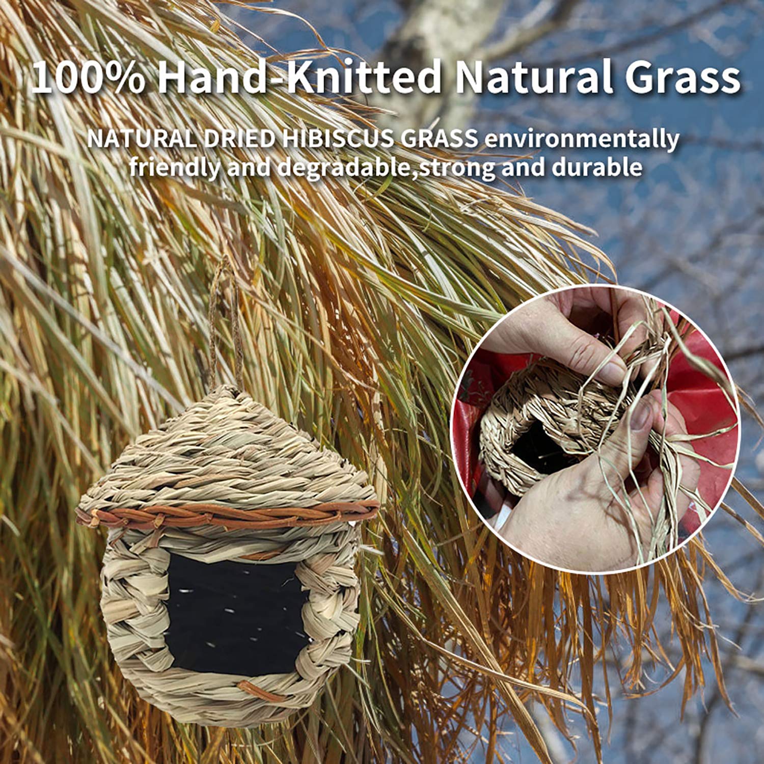 Eeaivnm hummingbird house uses natural dried hibiscus grass for durability.