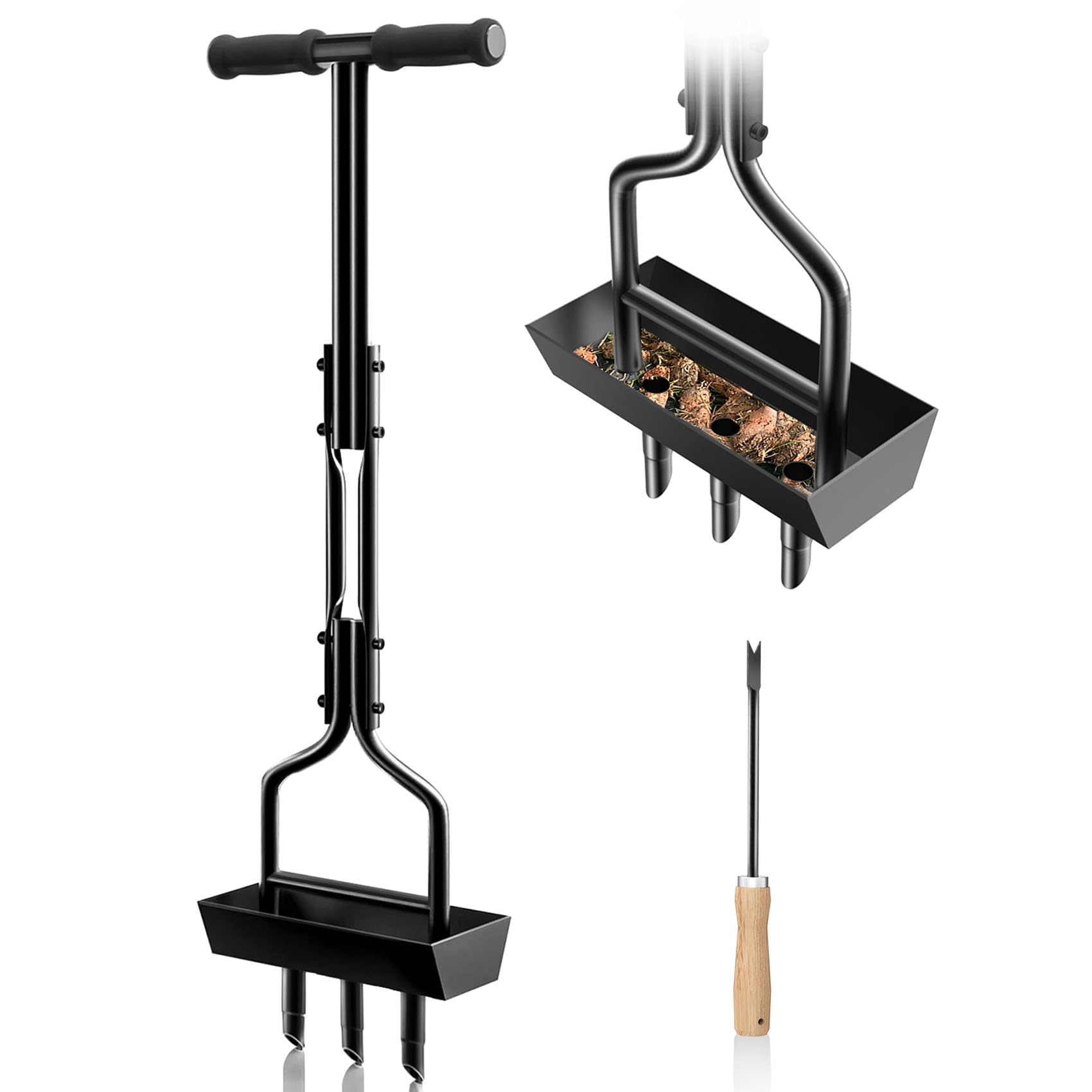 EEIEER manual lawn aerator 38-inch side view highlights tines for aeration