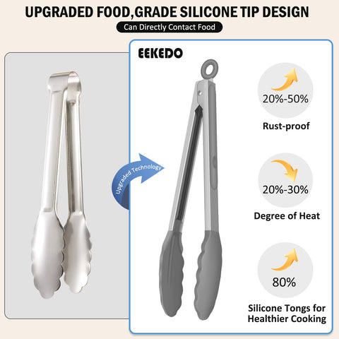 EEKEDO kitchen tongs 12in provide reach for barbecue and large pans without crowding.
