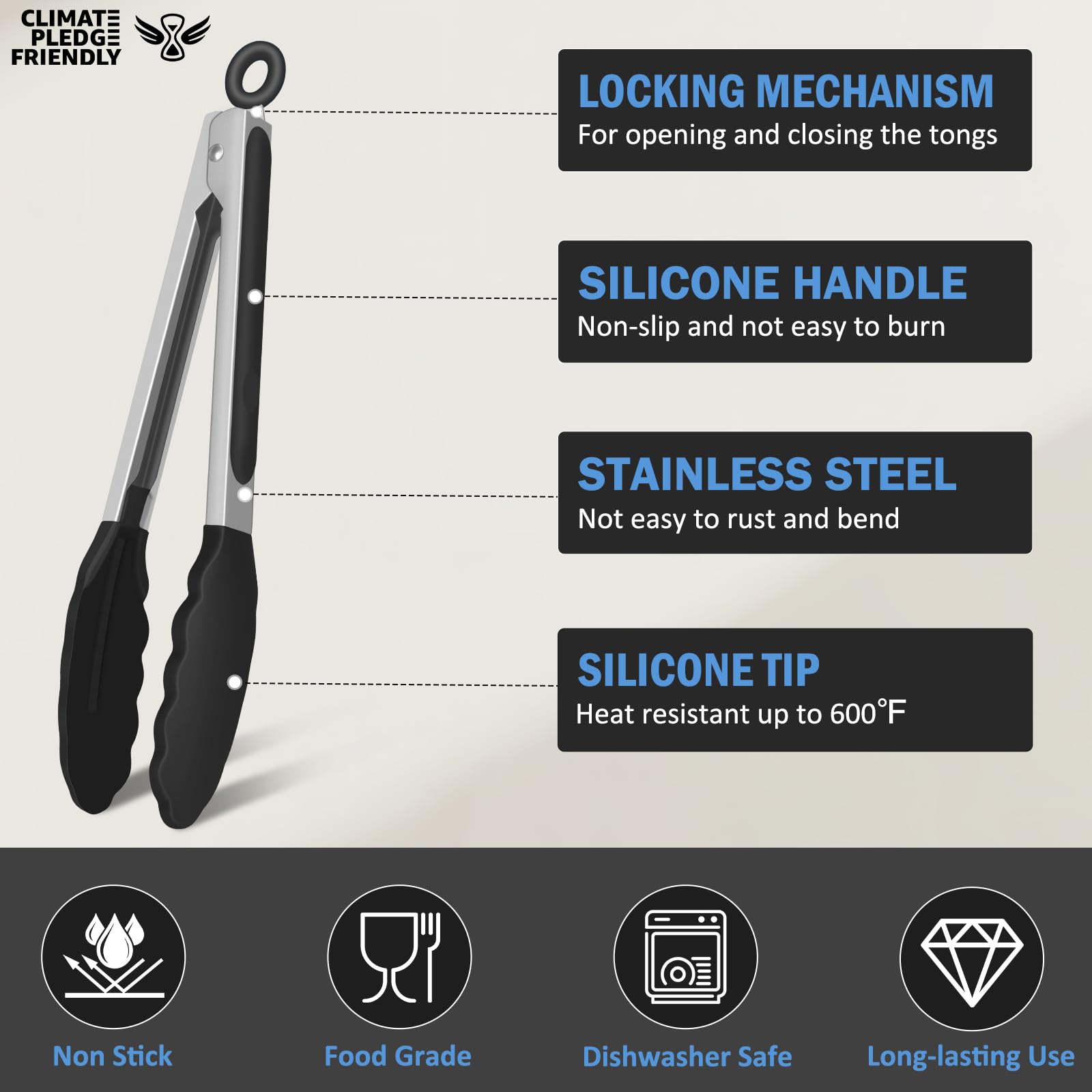 EEKEDO tongs show 600°F heat resistance for high-heat cooking