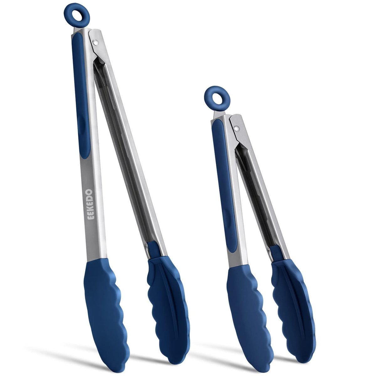 EEKEDO tongs 9-inch with silicone tips for precise flipping and non-scratch cooking.