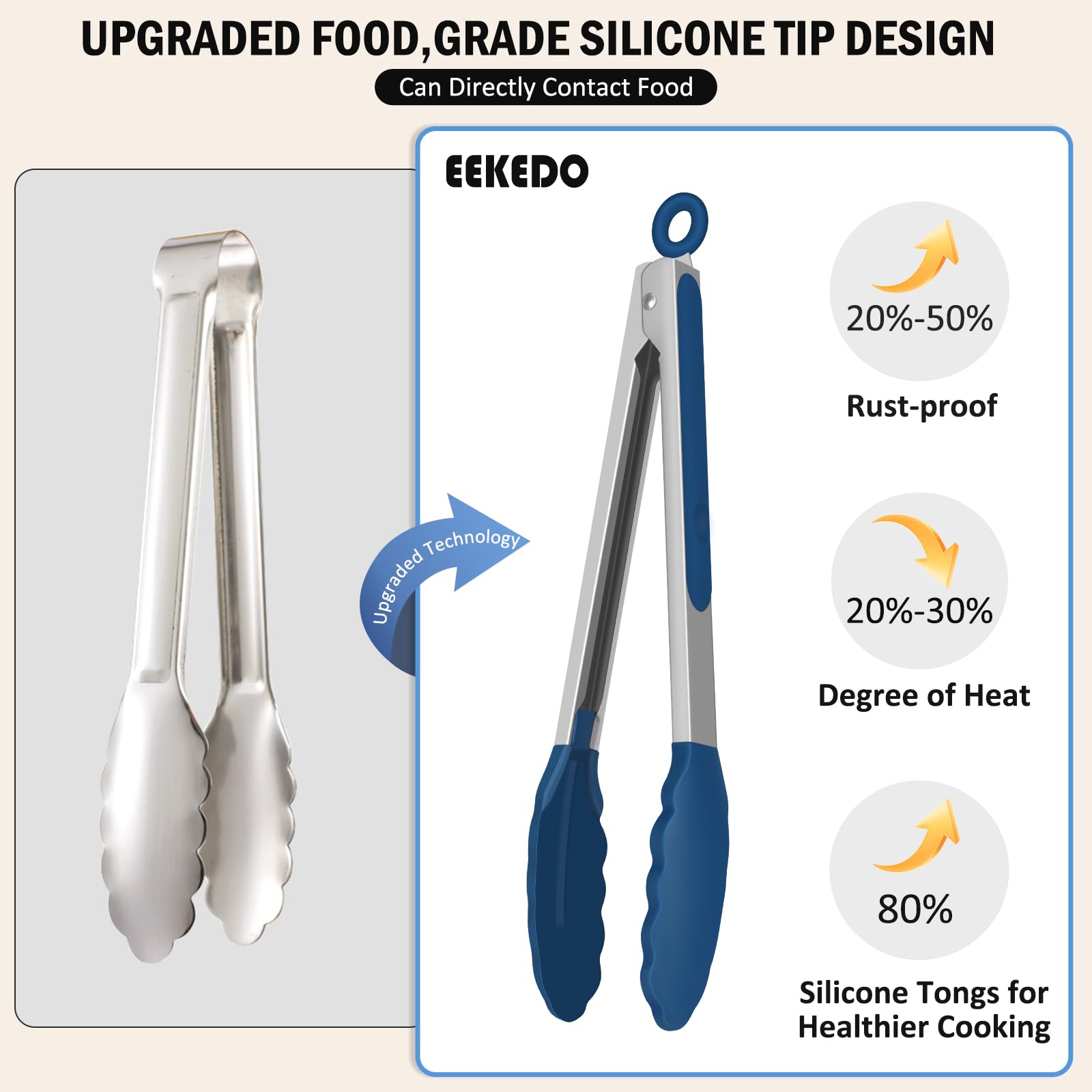 EEKEDO 9-inch and 12-inch tongs set in navy blue for versatile kitchen tasks.