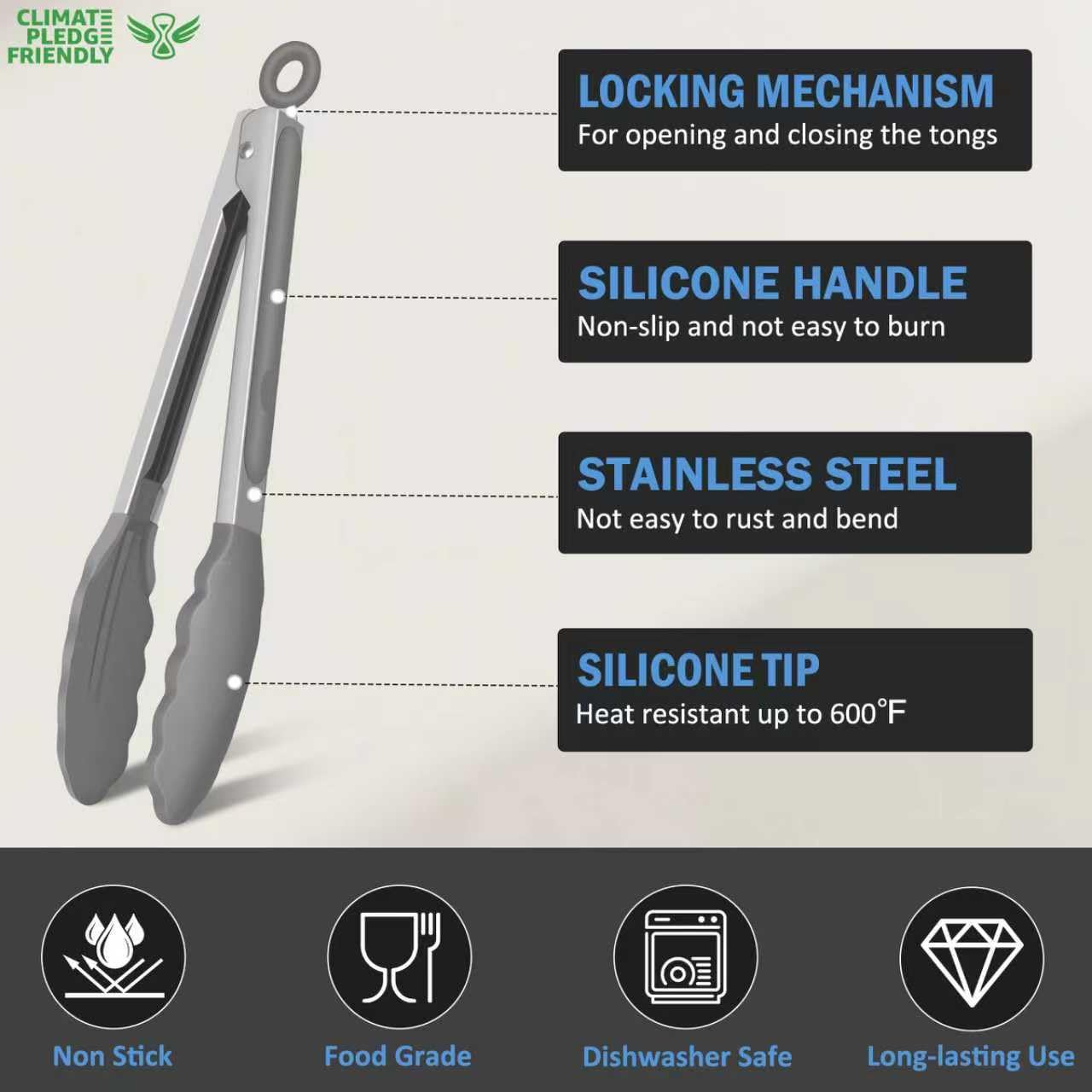 Locking ring keeps tongs compact for storage and one-handed use.