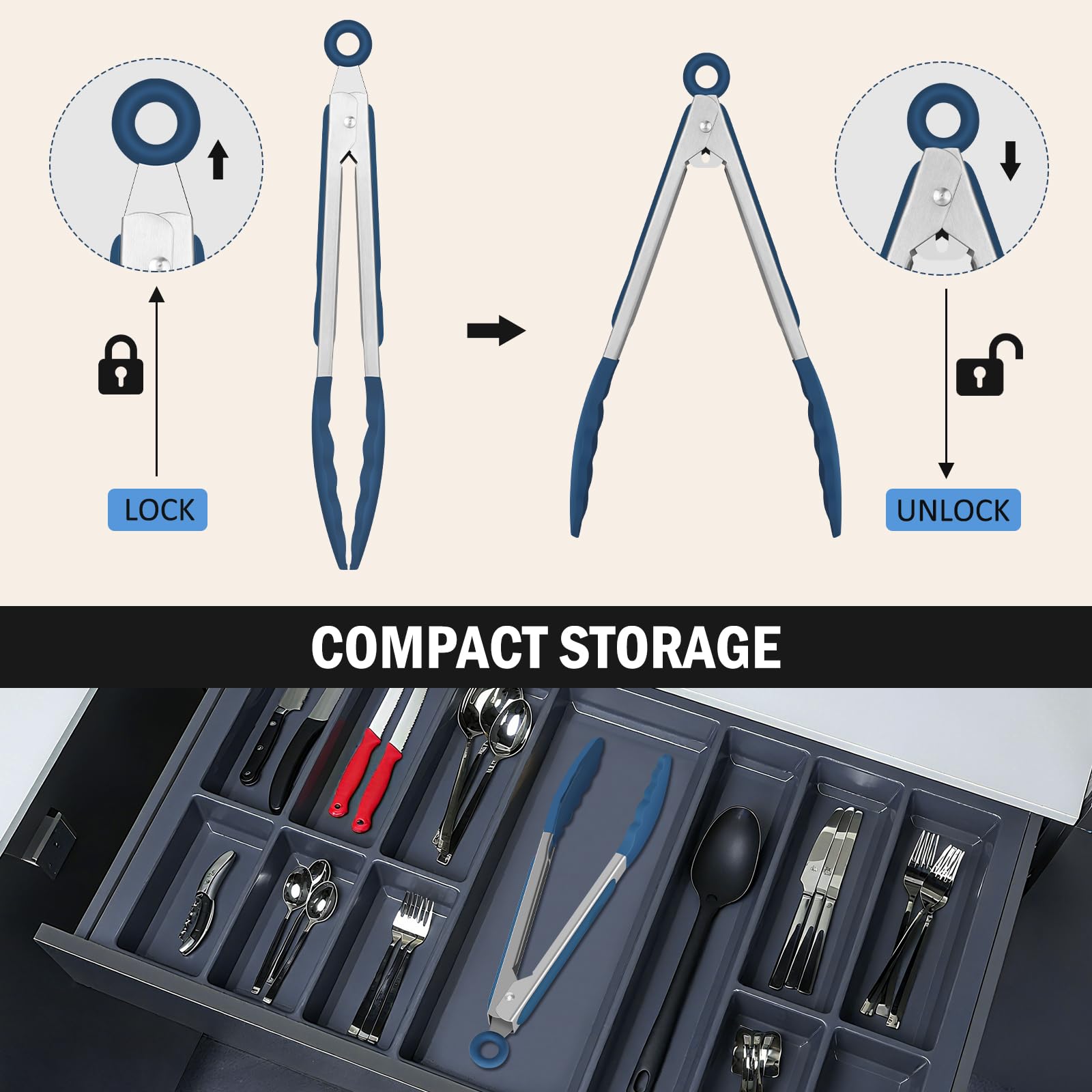 EEKEDO tongs with locking mechanism for compact, space-saving storage.