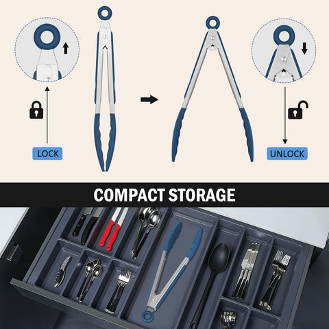 EEKEDO tongs with locking mechanism for compact, space-saving storage.