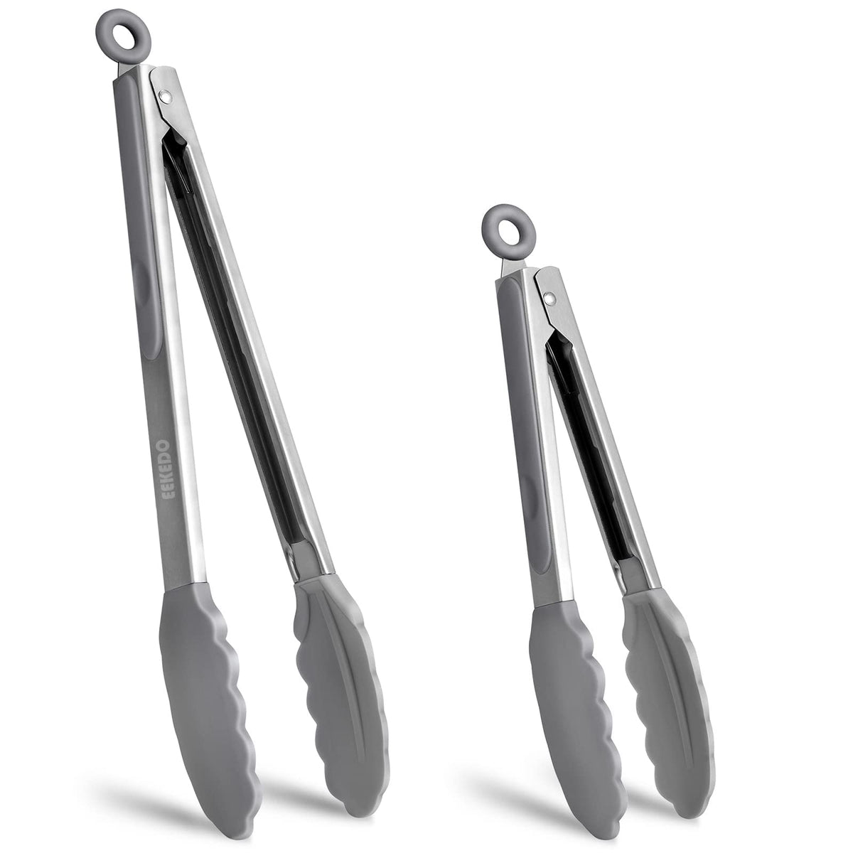 EEKEDO tongs with silicone tips for high-heat cooking and safe nonstick use.