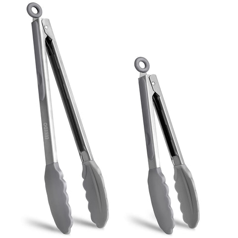 EEKEDO tongs with silicone tips for high-heat cooking and safe nonstick use.