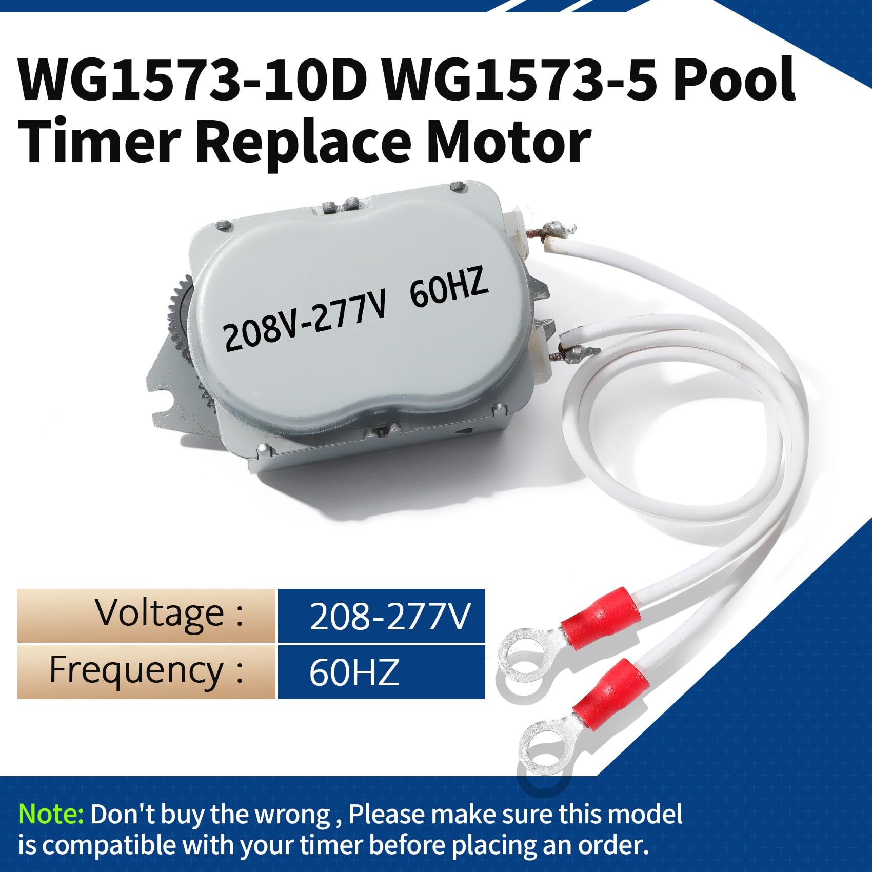 E ETO ENREGYTO WG1573-5 timer motor shown in compatibility test for pool clocks.
