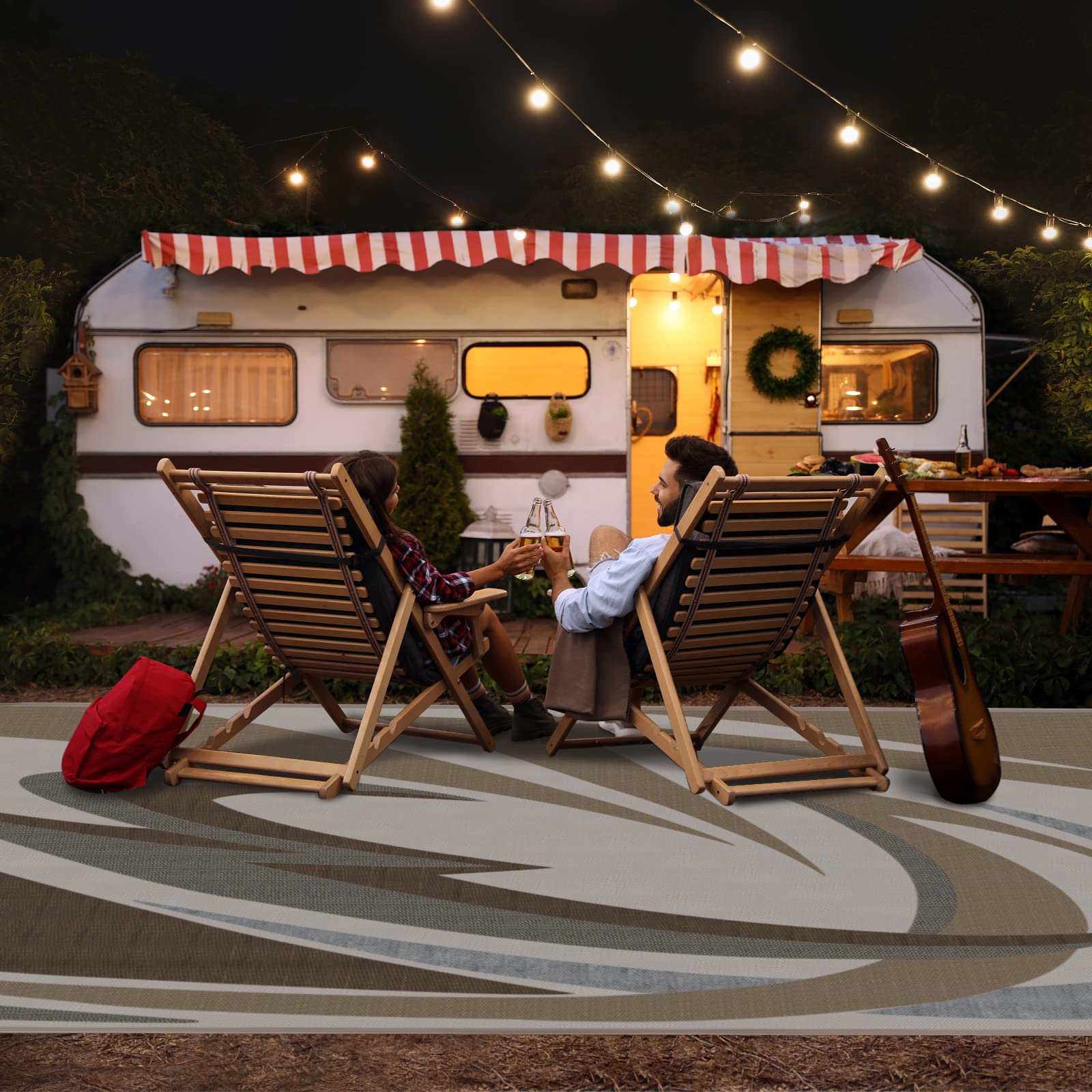 EEZ RV 9x18 brown mat in use on a patio
