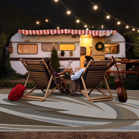 EEZ RV 9x18 brown mat in use on a patio