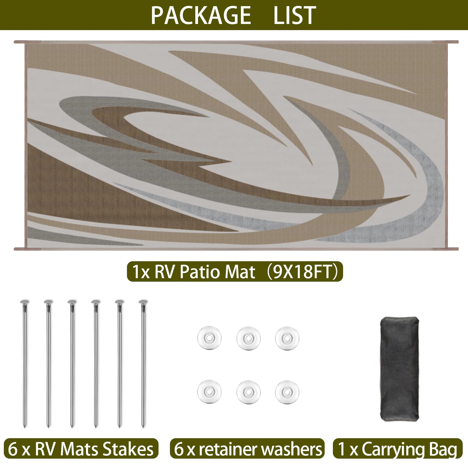 EEZ RV 9x18 brown stakes and washers securing the mat