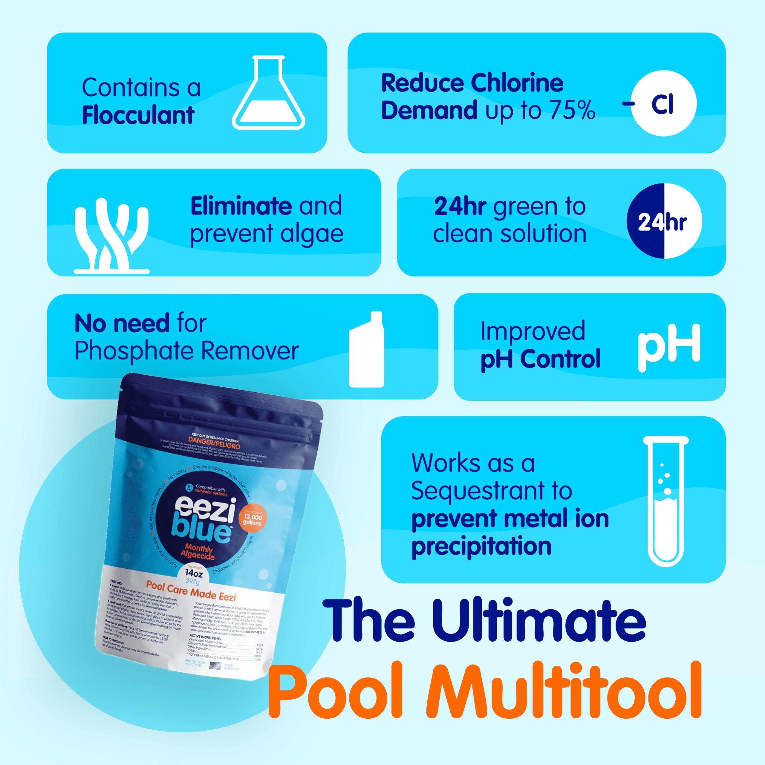 Eeziblue algaecide used in inground pool care and algae prevention.