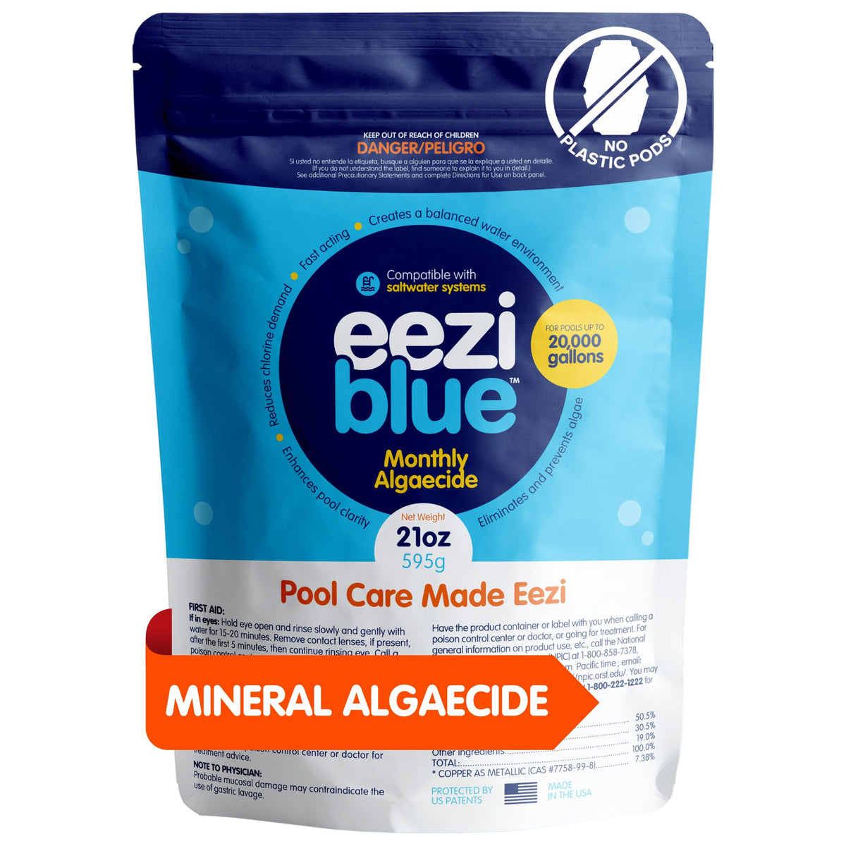Eeziblue bottle pour demonstrates easy dosing for algae prevention.
