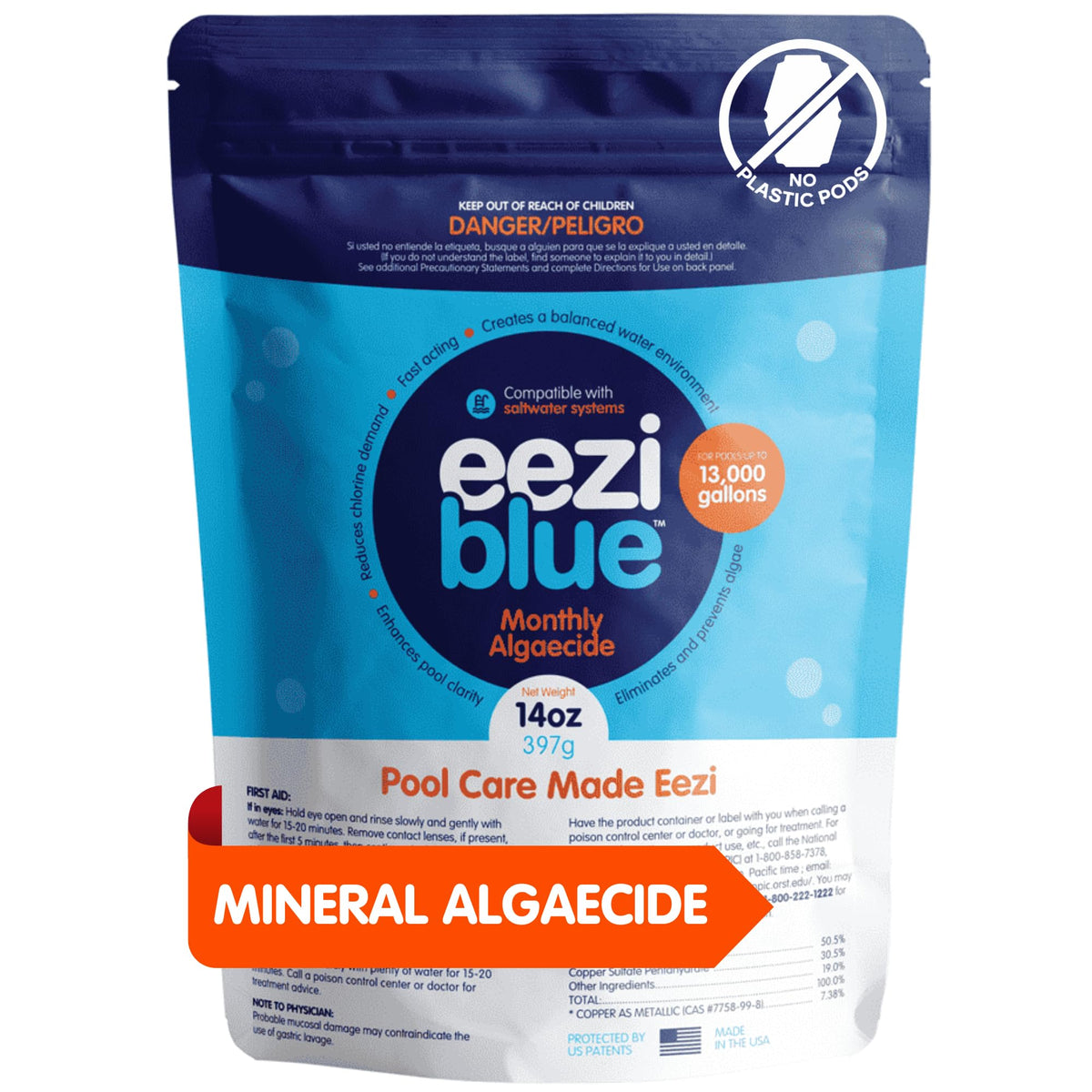 Eeziblue algaecide bottle pouring into pool for clearer water.
