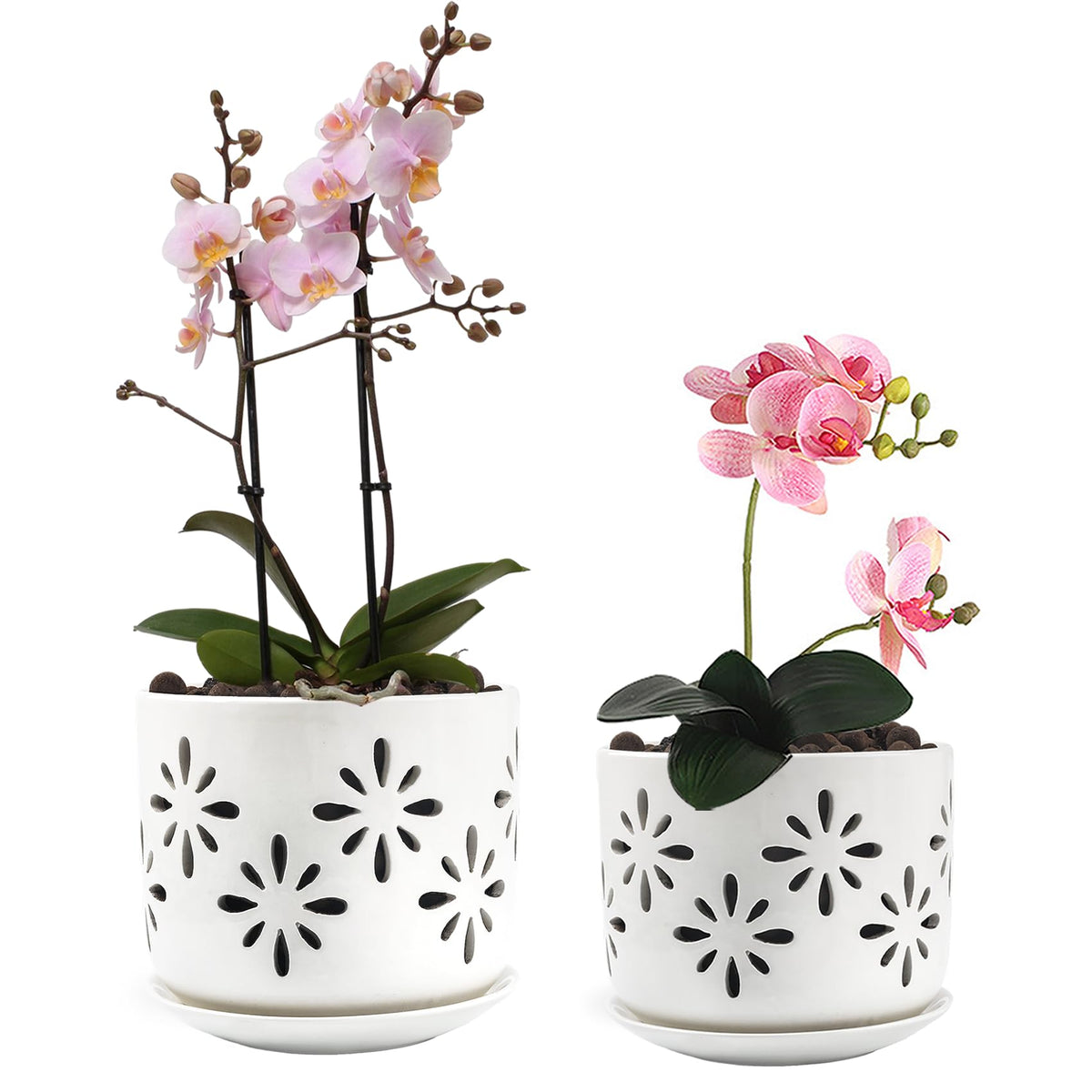 EFISPSS orchid pot with holes in white glaze for improved airflow around roots.