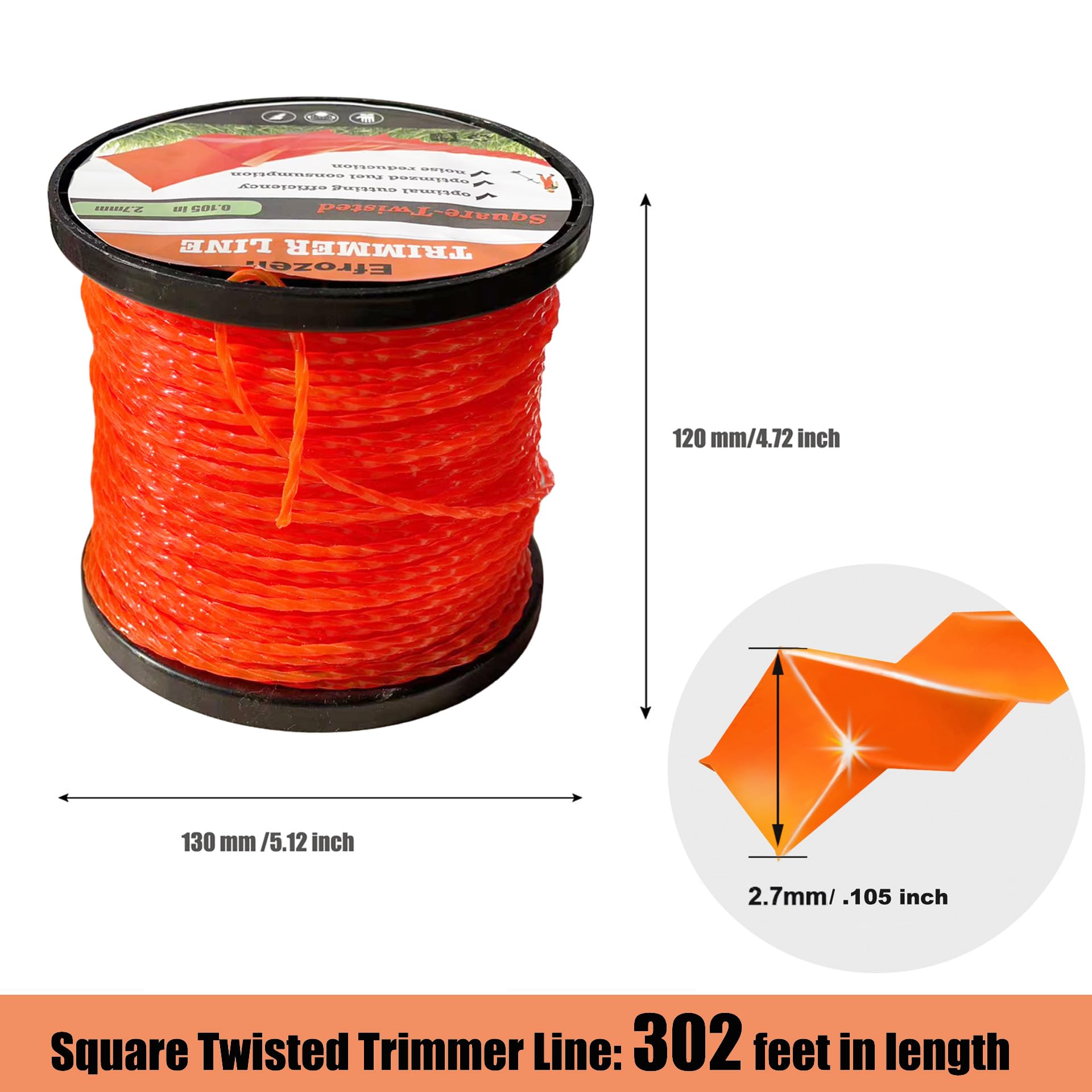 Efrozen orange trimmer line is highly visible during yard work.