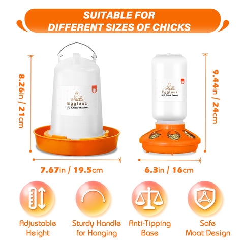 Eggluuz waterer with 3-height legs adapts as chicks grow for clean water.
