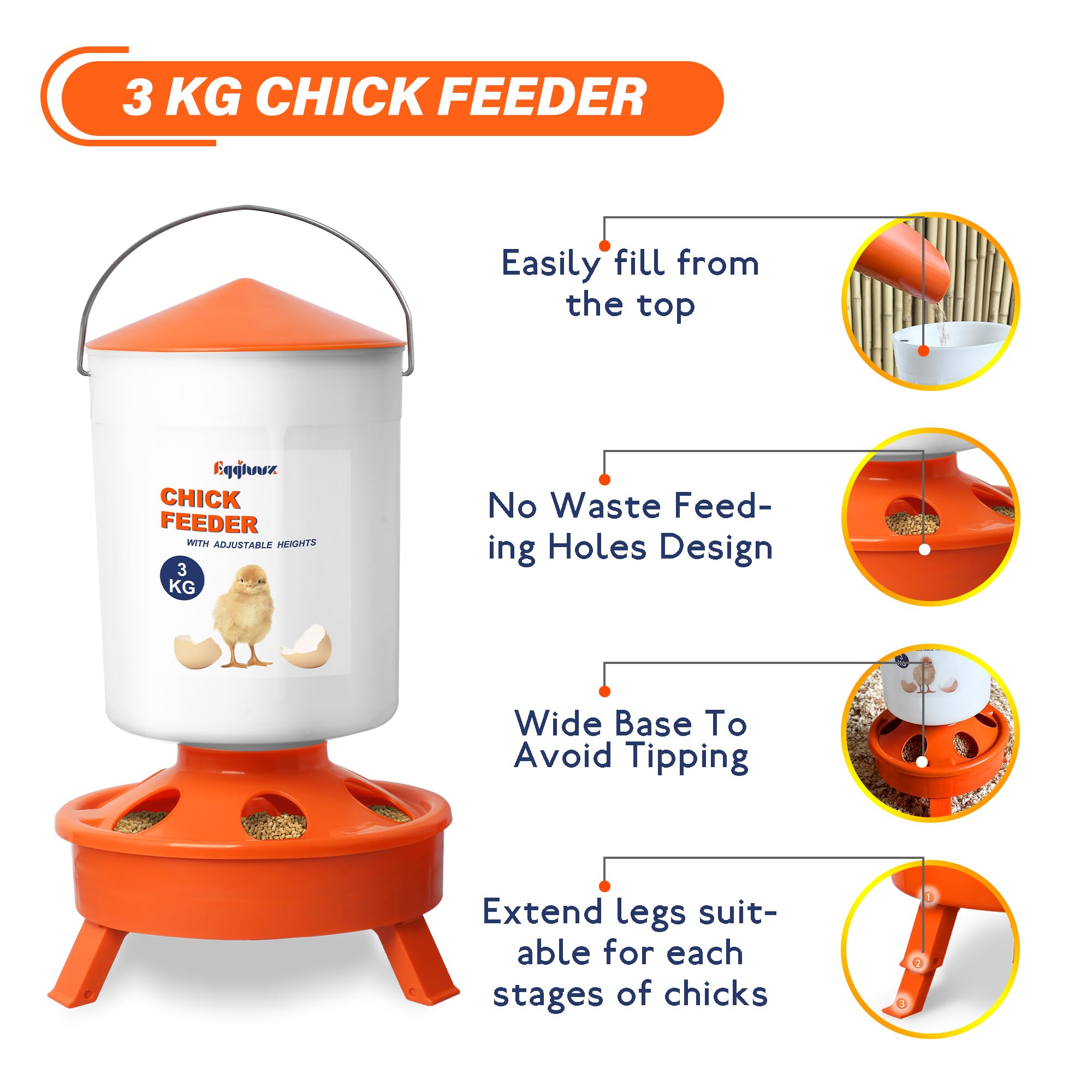 Eggluuz anti-tip design keeps chicks safe and feed water stable.
