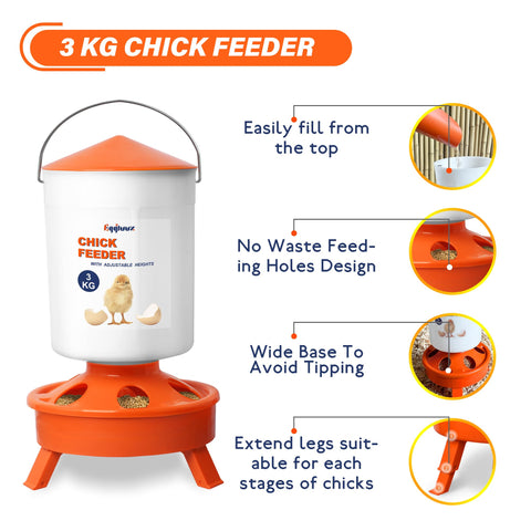 Eggluuz anti-tip design keeps chicks safe and feed water stable.