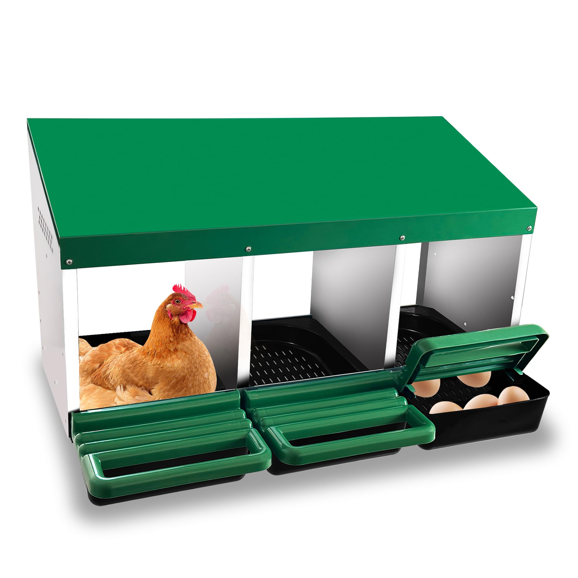 Eggluuz chicken nesting box with three compartments for hens, easy egg access.