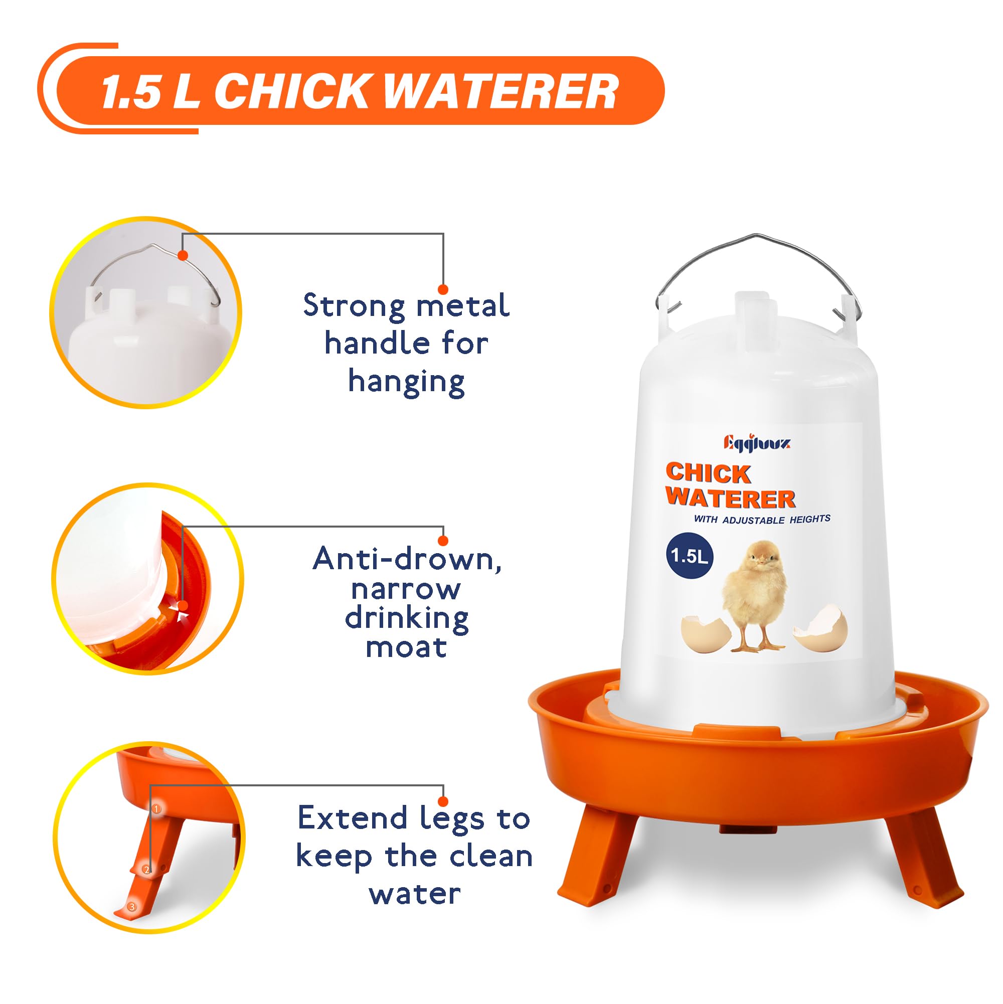 Eggluuz feeder waterer with 3-height legs demonstrates adjustable height for evolving brooder needs.