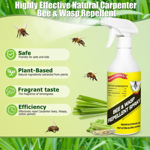 Applying Eglagen spray to deter wasps near garden seating area.