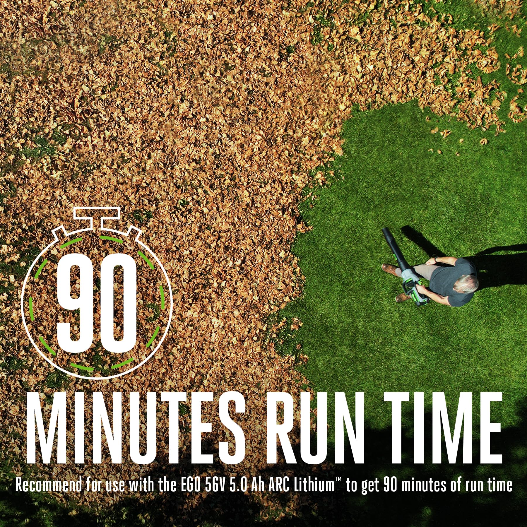 EGO Power+ Leaf Blower offers up to 90 minutes runtime on a single charge with a 5.0Ah battery.